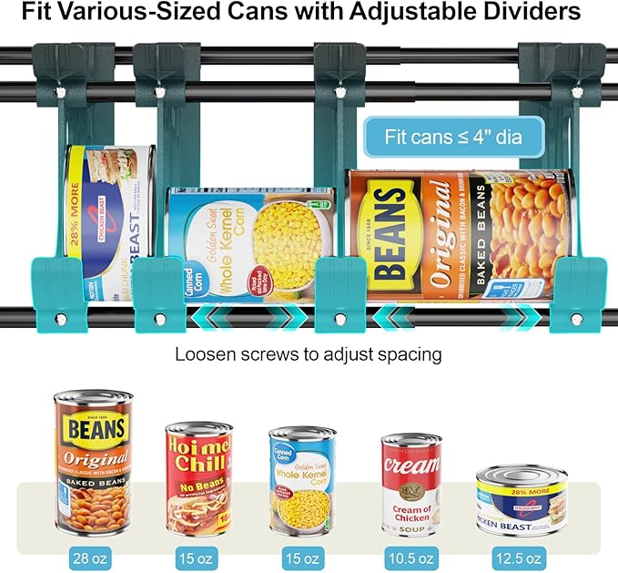 iSPECLE Can Organizer for Pantry with Adjustable Dividers, Fit Various Food Cans Sizes, Hold 60 Cans Auto Rolling Easy Access, Extendable Can Storage Organizer Better Fit Pantry Shelf Space, Black
