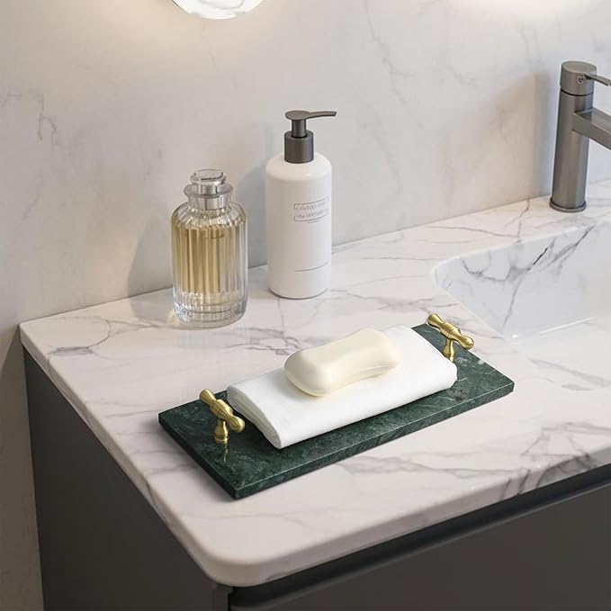 Marble Napkin Holder, Guest Towel Holder Tray, Green Marble Tray for Bathroom & Kitchen Countertop with Brass Handles, Decorative Bathroom Napkin Holder for Home Decor