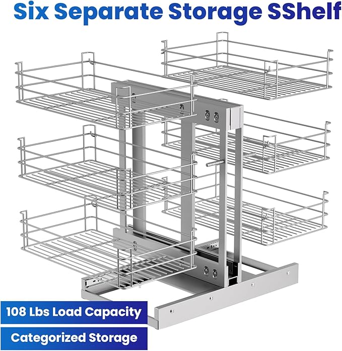 Modern Stainless Steel Blind Corner Cabinet Organizer, 3 Tier Soft Close Pull Out Storage System, 6 Basket Kitchen Drawer for 17" Min Opening