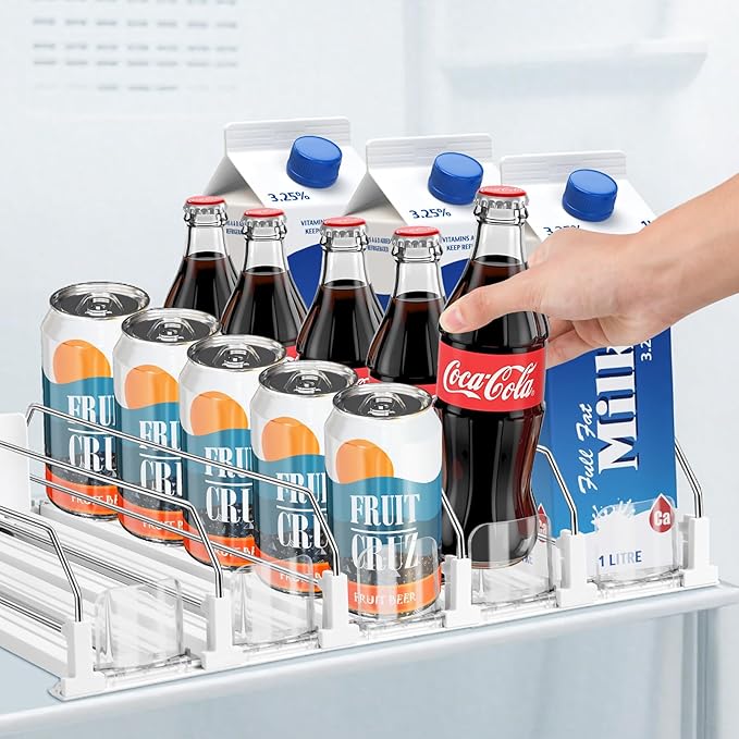 asika Drink Organizer for Fridge, Adjustable Width Soda Can Dispenser for Refrigerator Organizers and Storage, 5 Rows Beer Bottle Beverage Holder with Pusher Glide (16.54" L, White)