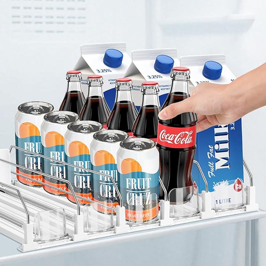 asika Drink Organizer for Fridge, Adjustable Width Soda Can Dispenser for Refrigerator Organizers and Storage, 5 Rows Beer Bottle Beverage Holder with Pusher Glide (16.54" L, White)
