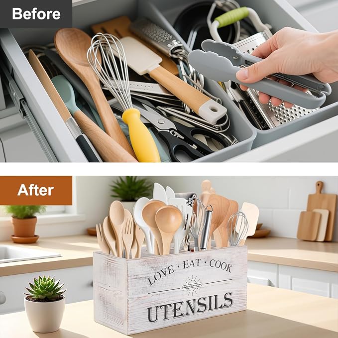2 PC Wooden Utensil Holder,（With 4-Compartments size*1 + 3-Compartments size*1） Extra Large Kitchen Counter,Cooking Spatula Organizer,Farmhouse Decor, Rustic Cooking Utensil