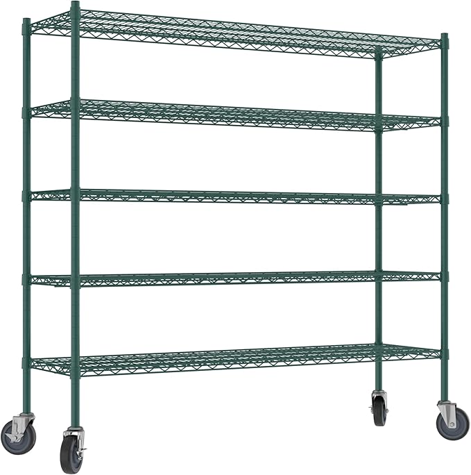 Commercial NSF Listed Green Epoxy Mobile Wire Shelving Kit 18" x 60" x 60", with 5 Shelves Perfect for Warehouse, Walk-in Refrigerator, Freezer, Grocery Store, Restaurant, Dishroom