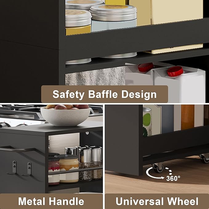 ChooChoo 4-Tier Slim Storage Cart, 7.87 inches Wide Narrow Storage Cabinet with 360° Wheels and 2 Hooks, Space-Saving Organizer for Kitchen, Narrow Places, Laundry Room, Black