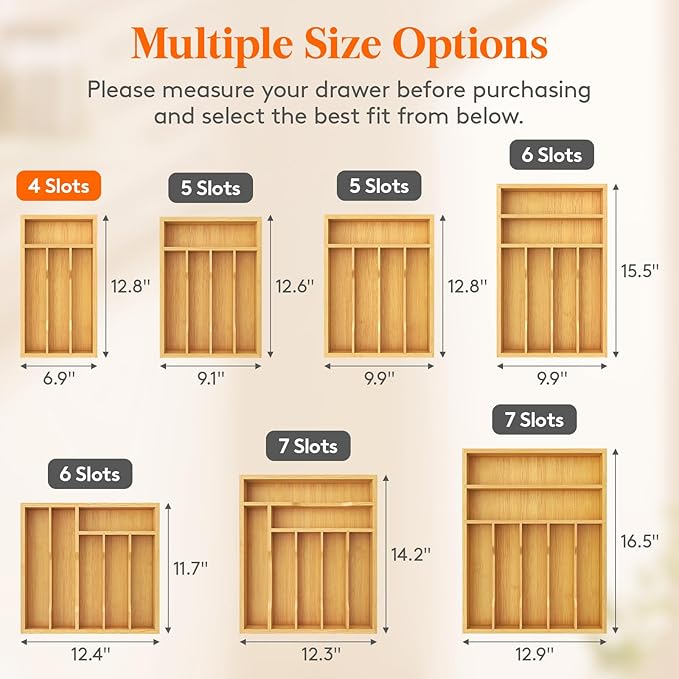 Lifewit Silverware Drawer Organizer, Expandable Utensil Tray for Kitchen, Bamboo Flatware and Cutlery Holder, Wood Adjustable Storage for Spoons Forks Knives, 6.9 x 12.8", Natural