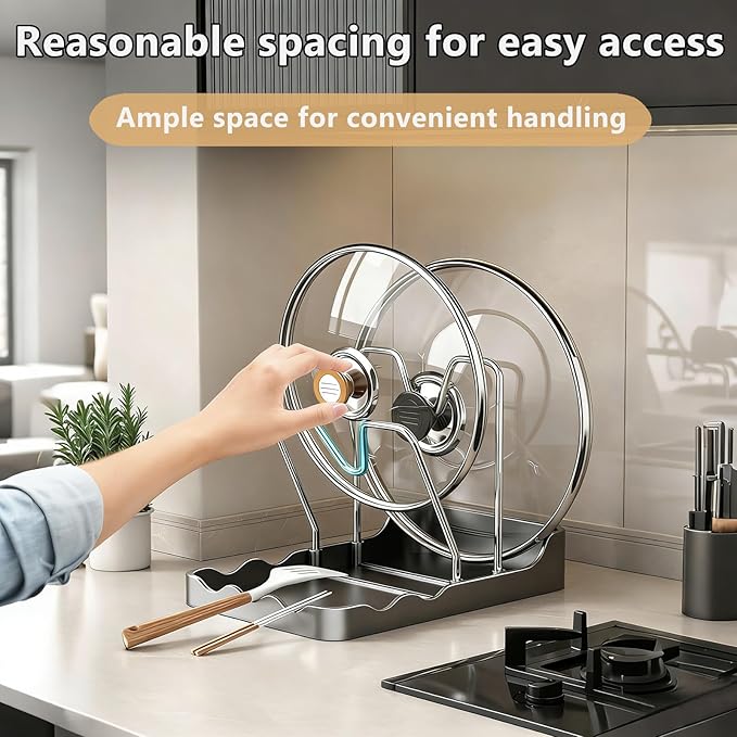 Kitchen Pot Lid Storage Rack, Multifunctional Pot Lid & Cutting Board Holder, Rust-Resistant Carbon Steel, For Cutting Boards, Spoons, Chopsticks (High-grade gray, Double Layer)