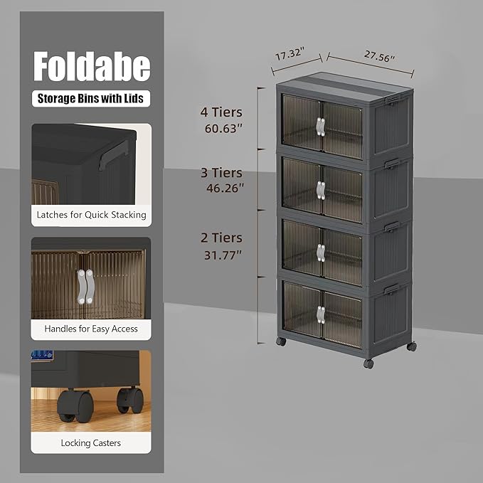 ONAIL Stackable Storage Bins Wheel, Large Collapsible Closet Organizer with Lid, Foldable Storage Cabinet with Door, Plastic Folding Storage Boxes for Home, Pantry, Office (L, Gray 4-Tier)