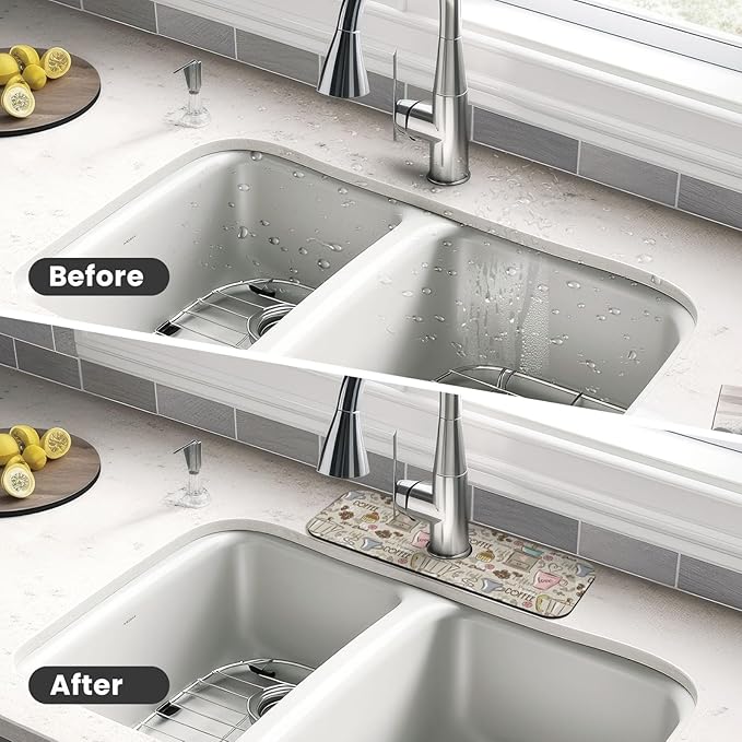 Coffee Time Vintage Espresso Machine Cupcakes Beans Kitchen Sink Splash Guard Faucet Mat 1 Pcs, Absorbent Fast Drying Mat Gadgets Splash Guard For Bathroom 15 X 5.5 Inches