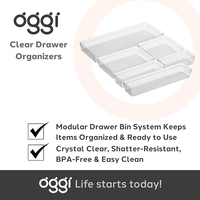 Oggi Clear Drawer Organizer - 3" X 12.5" (Set of 6) - Ideal for Organizing Kitchen Drawers, Office, Desk, Silverware, Kitchen Utensils, Cosmetics and Bathrooms