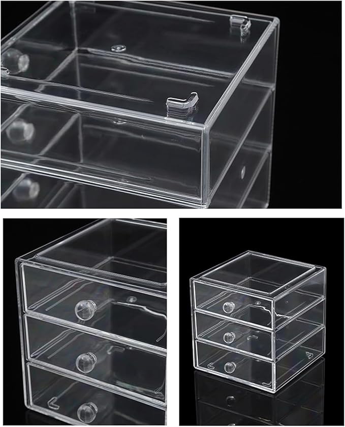 Makeup Drawer Organizer Box with 3 Drawers, Acrylic Cosmetic Display Case Vanity Organizer Jewelry Storage Box Stackable Storage for Cosmetics, Skin Care, Bathroom, Countertop, Clear