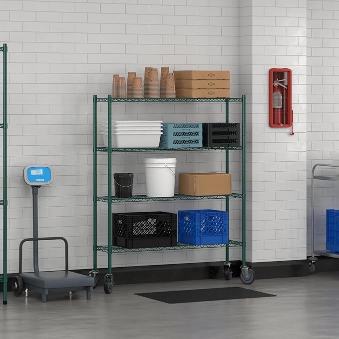 Commercial NSF Listed Green Epoxy Mobile Wire Shelving Kit 12" x 48" x 60", with 4 Shelves Perfect for Warehouse, Walk-in Refrigerator, Freezer, Grocery Store, Restaurant, Dishroom