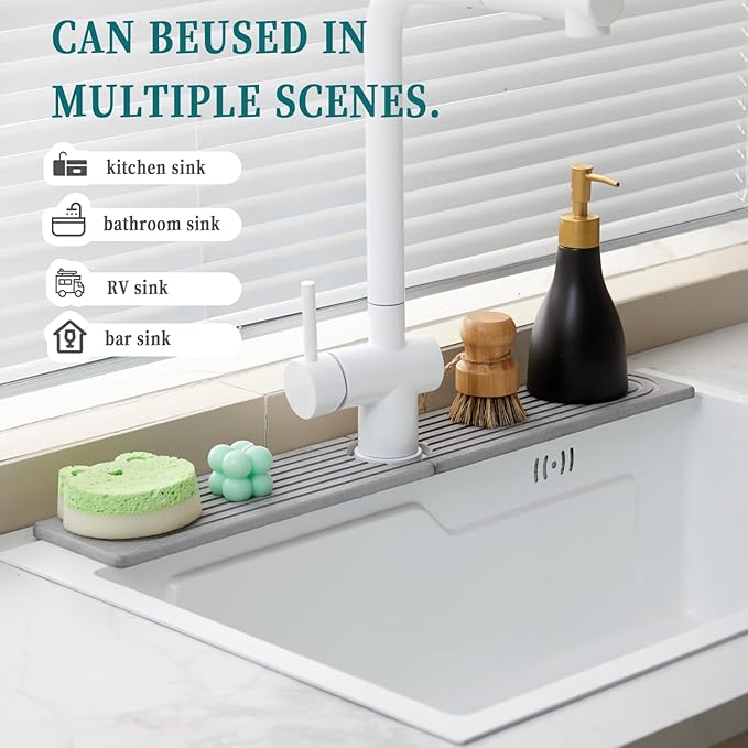 ODE TO ORDER Stone Faucet Mat for Kitchen Sink Bathroom Counter, 23.6 Inch Light Grey Diatomite Water-Absorbing Drying Stone Mat, Sink Stone Tray Protector,Prevent Moisture Sink Splash Guard