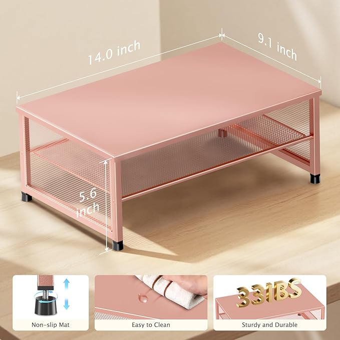 2-Tier Computer Monitor Stand Riser, Desk Organizer for Monitor, Printer & Laptop Stand, Desktop Workspace Organizers for Office Supplies(Rose Gold)