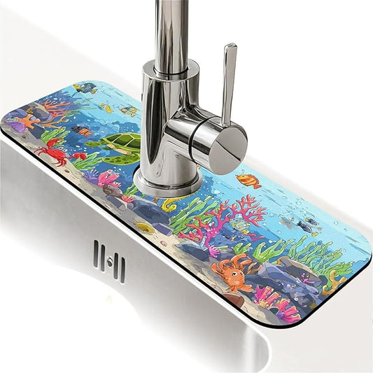 Kitchen Sink Splash Guard，Happy Underwater World Faucet Mat Sink Gadgets-Super Absorbent Fast Drying Mat Drip Catcher for Kitchen, Bathroom,Sink Mat, Dish Drying Mat, Bathroom(15" X 5.5" )