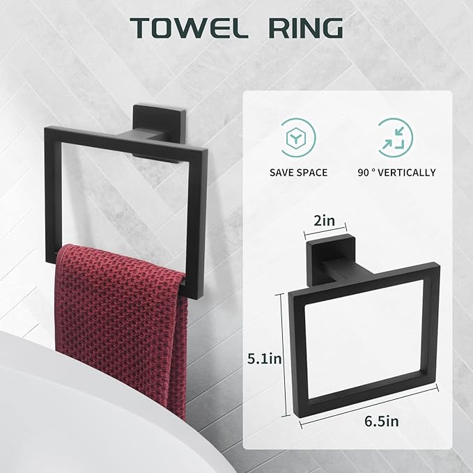 5-Piece Bathroom Hardware Set - Black Towel Bar Set with 2 Towel Hooks, Stainless Steel Wall Mounted Bathroom Towel Rack - Square, 16-Inch