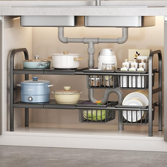 Extendable Under Sink Storage, Kitchen Shelf Organiser, 2-Tier Adjustable Under Sink Bathroom Cabinet Multifunctional Storage Rack for Bathroom Cabinet