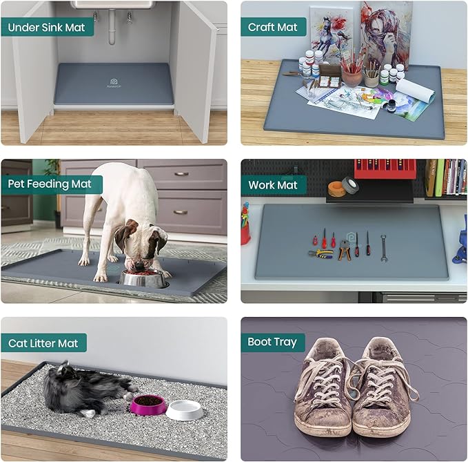 Under Sink Mat, 28" x 19" Silicone Kitchen Cabinet Tray, Waterproof & Flexible Under Sink Liner for Kitchen Bathroom and Laundry Room