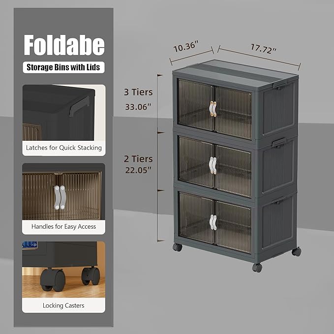 ONAIL Stackable Storage Bins with Lids Open Front, 155Qt Large Plastic Foldable Containers for Clothes, 3 Pack Multifunctional Collapsible Storage Boxes for Home, Pantry, Office (S, Gray 3-Tier)