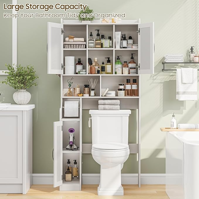 Over The Toilet Storage Cabinet, Bathroom Over Toilet Storage Organizer with Barn Doors and Paper Holder Stand Farmhouse Space Saving Rack Cabinet with Adjustable Shelves for Bathroom, Laundry (White)