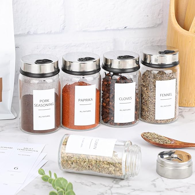 Segarty Spice Label Stickers, 316 Pcs Square White Preprinted Spice Label and Blank Chalkboard Stickers Set with 1 Chalk Marker, Waterproof Removable Condiment Label for Canister, Food Container