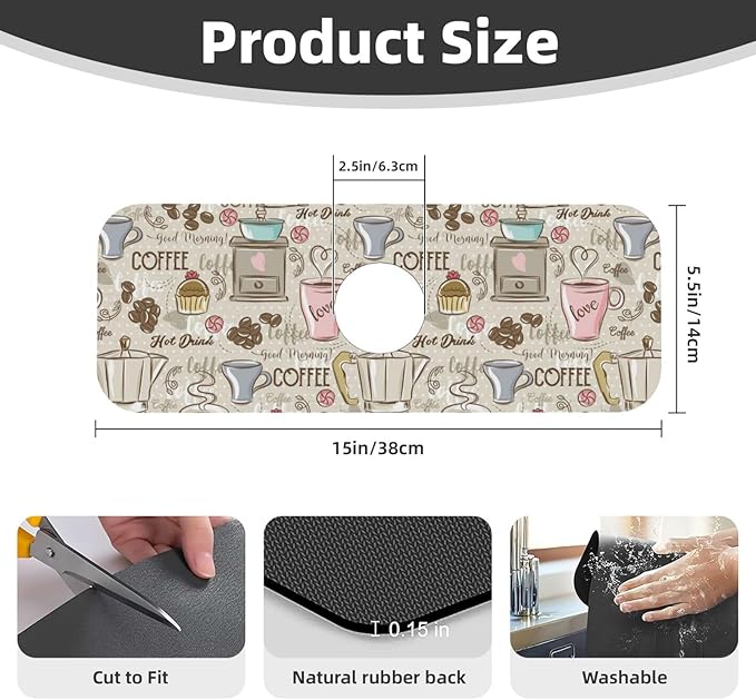 Coffee Time Vintage Espresso Machine Cupcakes Beans Kitchen Sink Splash Guard Faucet Mat 1 Pcs, Absorbent Fast Drying Mat Gadgets Splash Guard For Bathroom 15 X 5.5 Inches