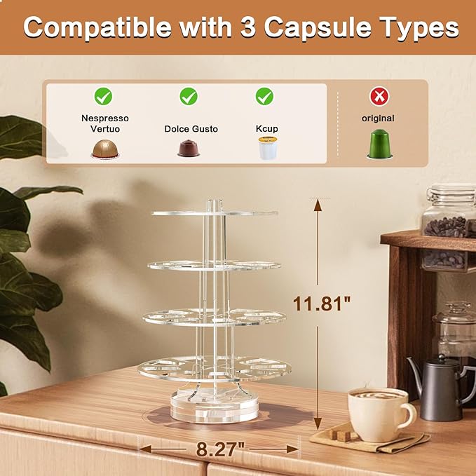 Crystal Clear Acrylic Coffee Pods Holder Carousel Compatible with 30 Nespresso Vertuo Capsules And Keurig K-cup Pods, Space-Saving Coffee Pod Storage Organizer for Small Countertop