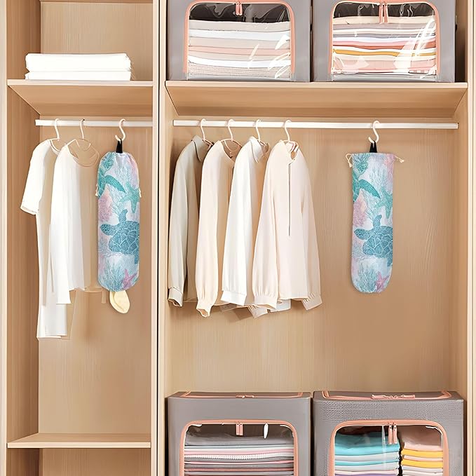 Plastic Bag Holder Wall Mount Grocery Bag Shopping Bag Storage Holder Organizer Dispenser with Adhesive Hook,for Kitchen Bathroom Home Decor 9x22 Inches Simple Turtles Starfish Coral25