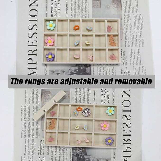 Velvet Jewelry Organizer Trays Beige Stackable Jewelry Storage Display Tray with Removable Dividers, 18 Grids
