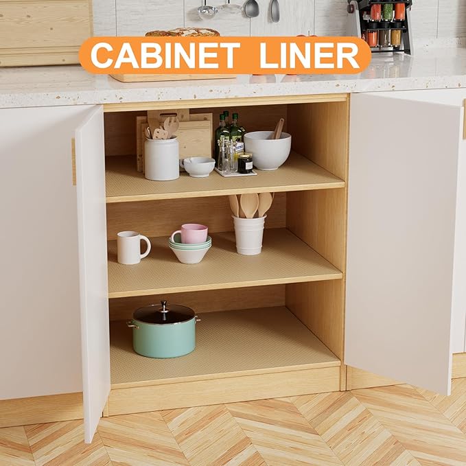 FLPMIX Shelf Liners for Kitchen Cabinets: 17.7" Wide Waterproof Non-Adhesive Drawer Liner - 17.7" x 96" Khaki Easy to Cut Cupboard Mat for Pantry Shelves