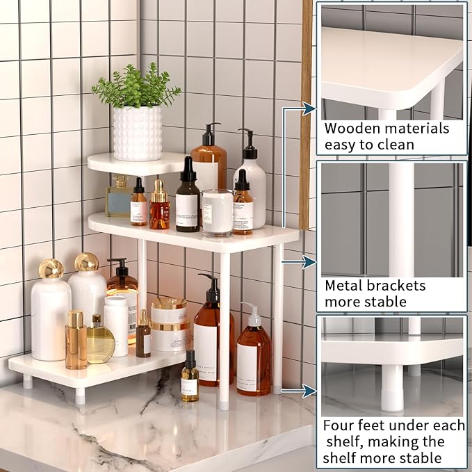 REFGY 3-Tier Bathroom Counter Organizer, Versatile Corner Vanity Shelf with Rotating Trays, Premium Metal and Wood-Texture Storage Rack for Skincare, Perfume, Kitchen Spice, and Home Decor, White