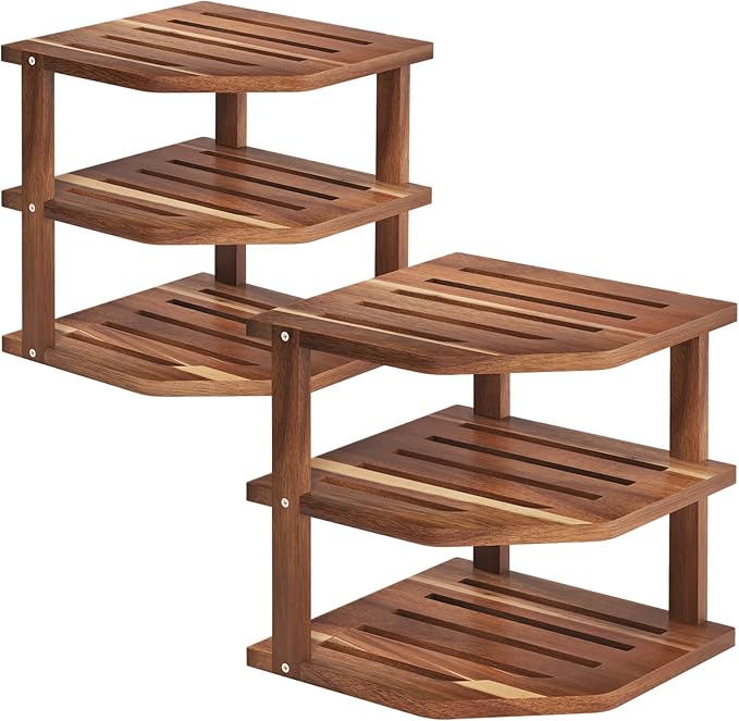 3 Tier Acacia Wood Corner Shelf(2 Pack),Dish Drying Rack,Plate Organizer,Kitchen Spice Rack for Countertop and Cabinet,Pantry Organization and Storage