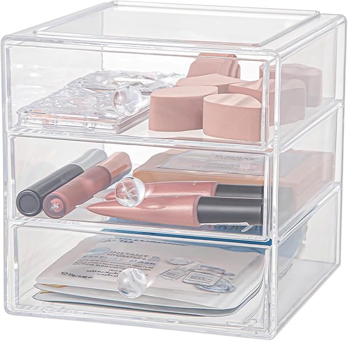Makeup Drawer Organizer Box with 3 Drawers, Acrylic Cosmetic Display Case Vanity Organizer Jewelry Storage Box Stackable Storage for Cosmetics, Skin Care, Bathroom, Countertop, Clear