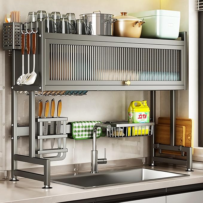 Over the Sink Dish Drainer Drying Rack 3 Tier Over Sink Dish rack for a Tidy Kitchen Sink Shelf Organized Space-Saving Dish Rack with Cover for Dishes, Glasses, Bowls, and Cutlery