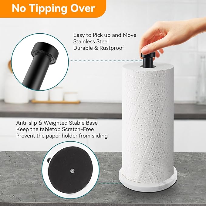 Paper Towel Holder Countertop, Black Kitchen Roll Holder, Premium Stainless Steel Paper Towel Holder for Kitchen Bathroom Roll Organize with Weighted Marble Base, One-Handed Operation