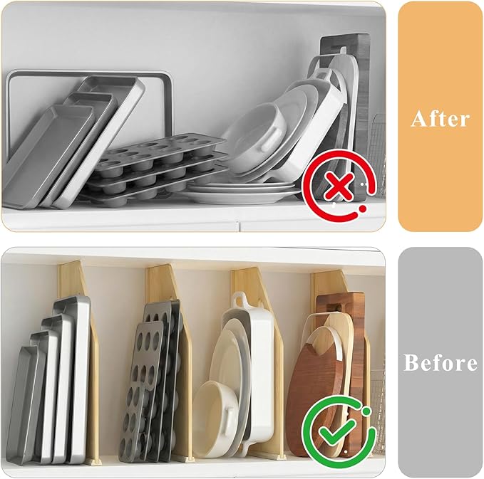 6 Pack Wood Tray Dividers for Cabinet, Cookie Sheet Organizer for Cabinets, Baking Sheet Organizer, No-Cut Kitchen Cabinet Dividers, Cookie Trays for Kitchen, Pantry Storage (12, Pounds)