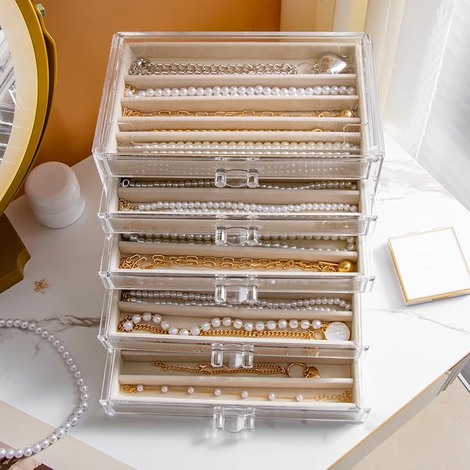 Necklace Holder Organizer, Dustproof Necklace Box Velvet Necklace Organizer Box with Lid Clear Acrylic Dustproof Stackable Jewelry Displays for Necklaces Chain Display (Beige, 5 Drawer)