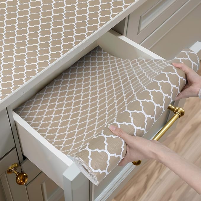 Shinlendid Shelf and Drawer Liner for Kitchen Cabinets Non-Adhesive, Strong Grip Non-Slip Thickened Cabinet Liners for Shelves, Waterproof Mats for Dresser Cupboard, Beige, 12 in x 30 Feet