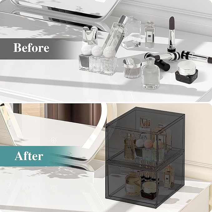 6 Pack Stackable Makeup Organizer and Storage, Acrylic Organizers，Clear Plastic Storage Drawer with Pull-Out Handles for Vanity, Undersink, Kitchen Cabinets, Pantry, Black