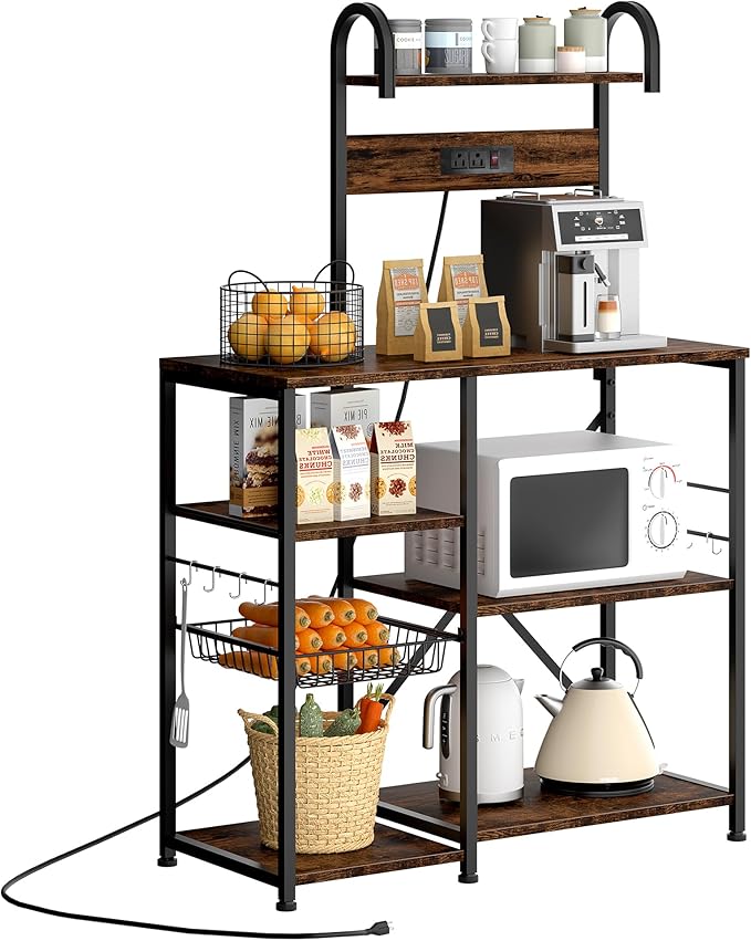 JAMFLY Bakers Rack with Power Outlet, Microwave Stand, kitchen Storage Shelf with 6 Hooks, Coffee Bar Station with Wire Basket, 6 Tier Kitchen Rack for Living Room, Spice, Pots and Pans Organizer