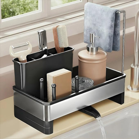 Sponge Holder for Kitchen Sink, Stainless Steel Sink Caddy with Brush Holder, Dishcloth Rack and Holds Soap Dispenser, Auto-Drain Rustproof Countertop Organizer (Black)