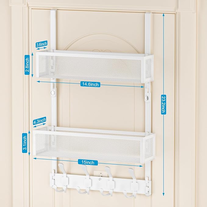 Over The Door Hooks Organizer, Door Hanger Towel Rack with 2 Baskets, Adjustable Over The Door Coat Rack, Back of Door Storage for Bedroom, Kitchen, Bathroom (White)
