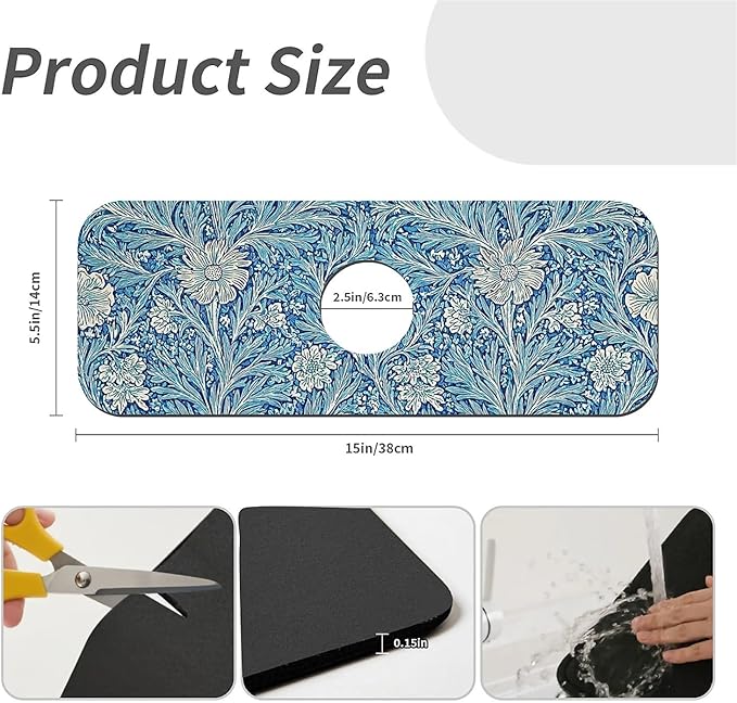 Kitchen Sink Splash Guard，Blue flowers forest Faucet Mat Sink Gadgets-Super Absorbent Fast Drying Mat Drip Catcher for Kitchen, Bathroom,Sink Mat, Dish Drying Mat, Bathroom(15" X 5.5" )