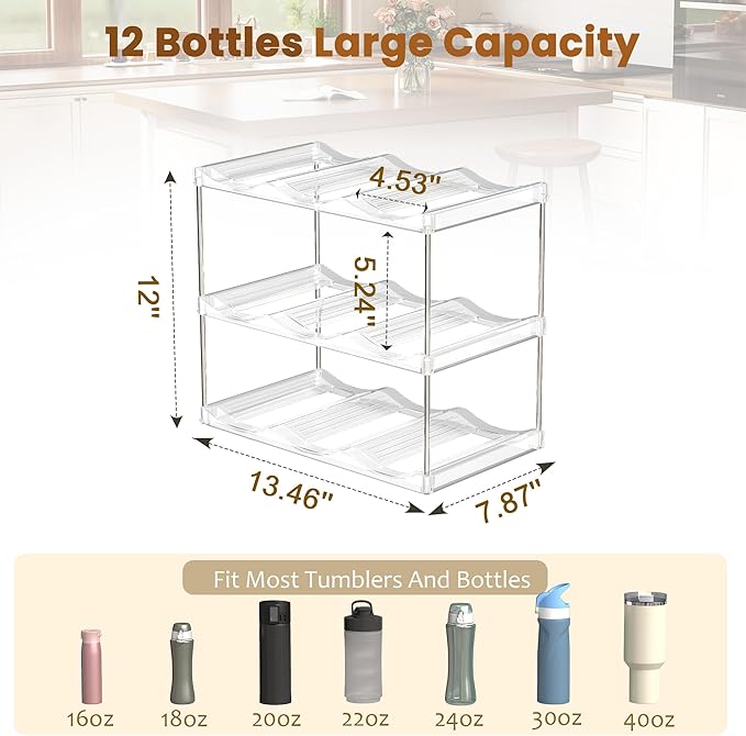 LAMU Stackable Water Bottle Holder Organzier for 40 oz Large Tumbler, 3 Tier Clear Tumbler Bottle Cup Rack for Kitchen Cabinet Organziers and Storage, Hold 9