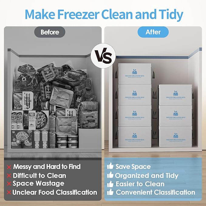 Housolution 2 Pack Freezer Organizer Bins, Collapsible Deep Chest Freezer Organizer Bins with Removable Dividers, Label Pockets, Waterproof Freezer Storage Bins with Portable Handle (19"x14"x9")