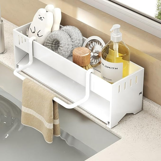 BREIS Sponge Holder for Kitchen Sink, Caddy Organizer with Rag Holder, Countertop Self-Draining Sponge Caddy, Rustproof Sink Storage Rack for Soap Dispenser Storage Accessories (Large-White)