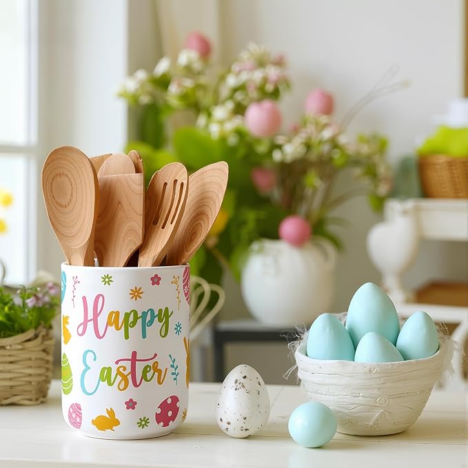 Qinyoung 6.3'' Easter Ceramic Utensil Holder Kitchen Decoration Colorful Spring Egg Bunny Utensil Holder Ceramic Utensils Crock for Rustic Farmhouse Indoor Kitchen Decorations