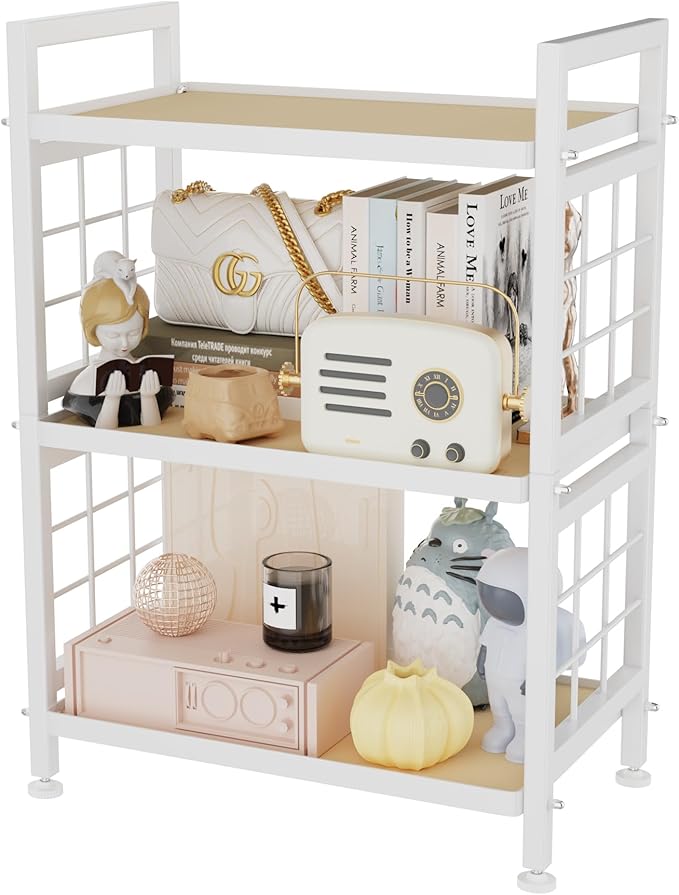 GIOTORENT 3-Tier Pantry Shelves with Wooden Boards, Heavy Duty Storage Shelves & Book Shelf, Adjustable Metal Shelving Unit for Kitchen Bathroom Laundry Organizer, Sturdy Rust-Resistant, White
