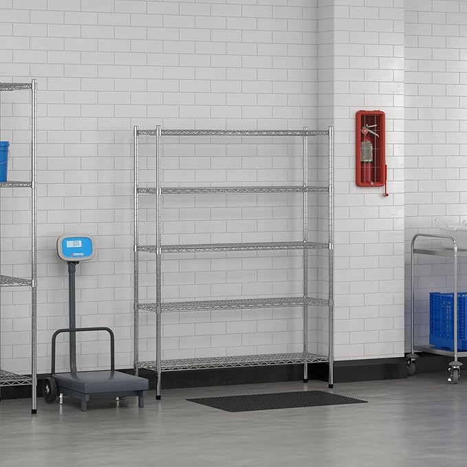 Commercial NSF Listed Chrome Stationary Wire Shelving Kit 14" x 48" x 64", with 5 Shelves Perfect for Warehouse, Walk-in Refrigerator, Freezer, Grocery Store, Restaurant, Dishroom