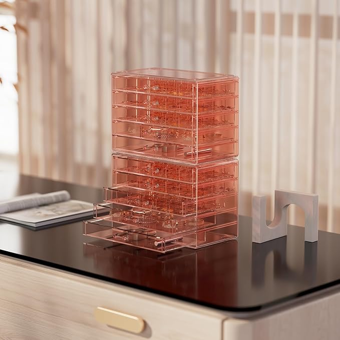 ProCase Acrylic Earrings Holder Organizer Box, Large Clear Earring Jewelry Storage Transparent Stackable Drawers Jewelry Display for Earring Ring Bracelet -Pink, 10 Layers