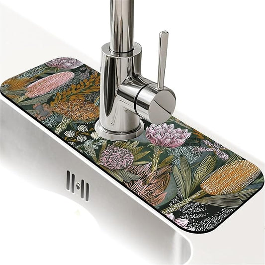 Kitchen Sink Splash Guard，Bohemian flowers and plants Faucet Mat Sink Gadgets-Super Absorbent Fast Drying Mat Drip Catcher for Kitchen, Bathroom,Sink Mat, Dish Drying Mat, Bathroom(15" X 5.5" )